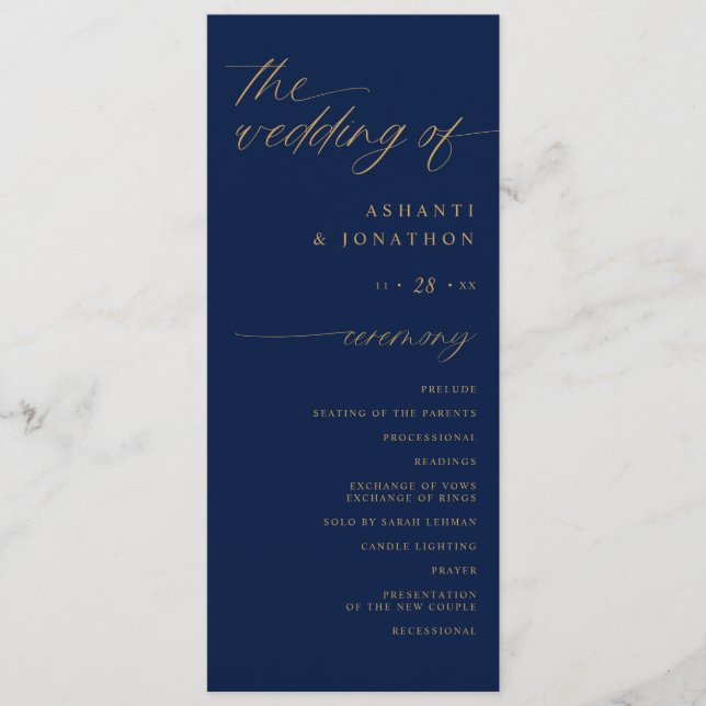 Soft Romantic Script Navy Blue and Gold Wedding Program (Front)