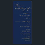 Soft Romantic Script Navy Blue and Gold Wedding Program<br><div class="desc">Introducing our Modern Romantic Navy Blue & Gold Wedding Program! This program is a stunning representation of timeless elegance and romance. Measuring a generous 9.25x4 inches, it boasts a rich navy blue background adorned with graceful gold calligraphy and text. This program's design captures the essence of your unique love story,...</div>