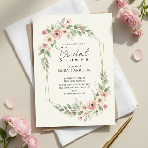 Soft Rose Bridal Shower Geometric Gold Wreath Invitation