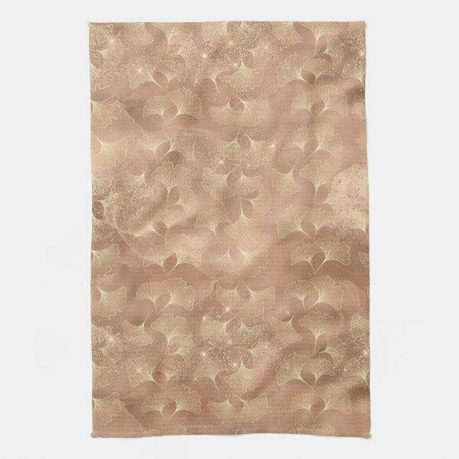 Soft Rose Ginkgo Botanical Gold Leaf Pattern Kitchen Towel (Vertical)
