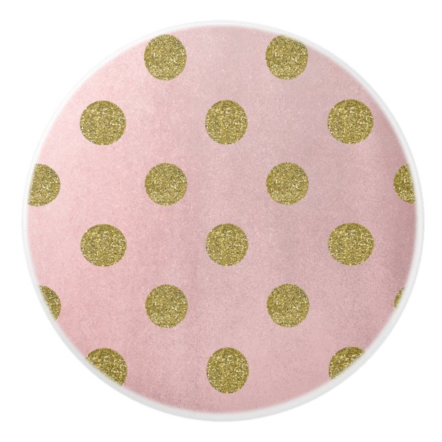 Soft Rose Pink Gold Glitter Glam Polka Dots Chic Ceramic Knob (Front)