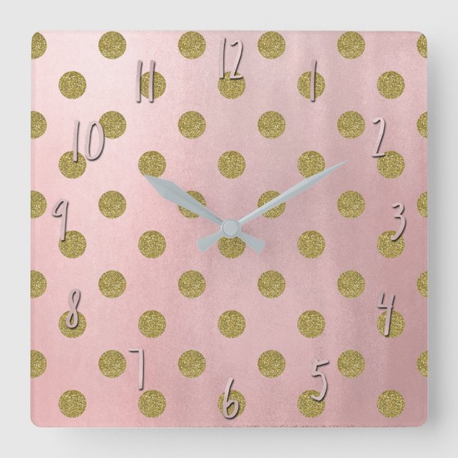 Soft Rose Pink Gold Glitter Glam Polka Dots Cute Square Wall Clock (Front)