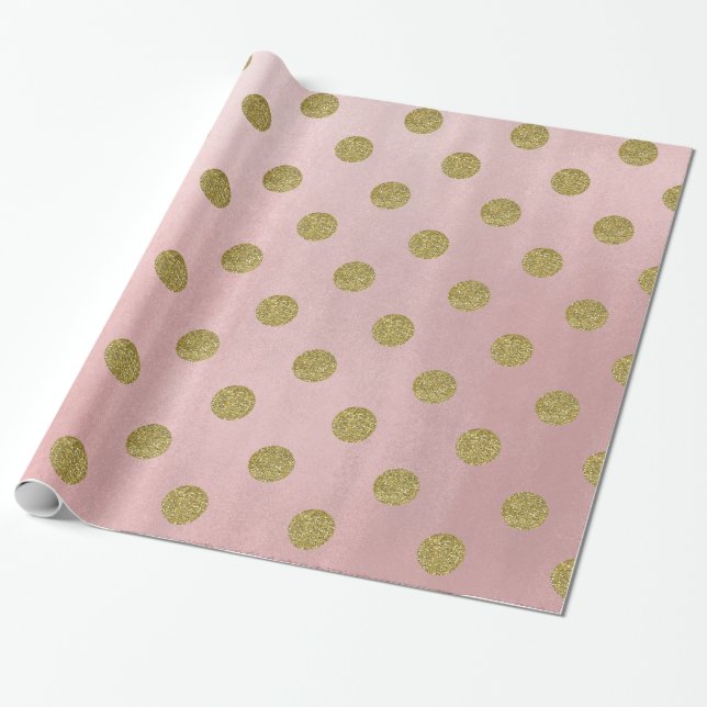 Soft Rose Pink Gold Glitter Glam Polka Dots Party Wrapping Paper (Unrolled)