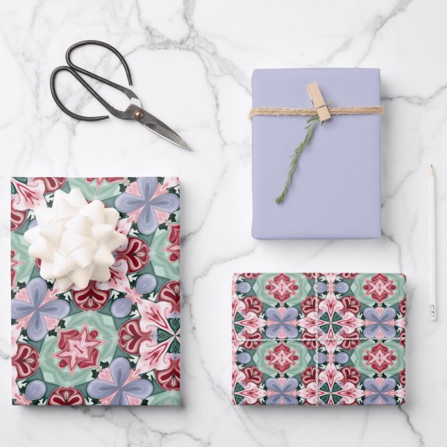 Soft Rose, Tea Green & Purple Tile Pattern Wrapping Paper Sheet (Front)