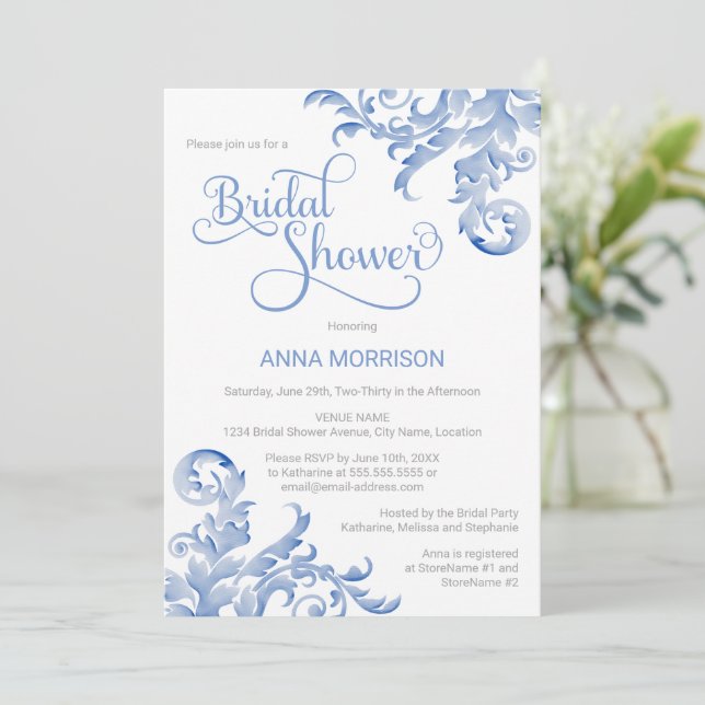 Soft Royal Blue Watercolor Flourish Bridal Shower Invitation (Standing Front)