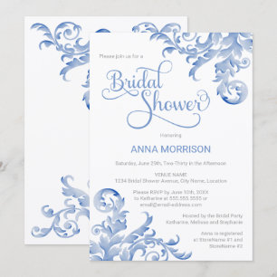 Soft Royal Blue Watercolor Flourish Bridal Shower Invitation