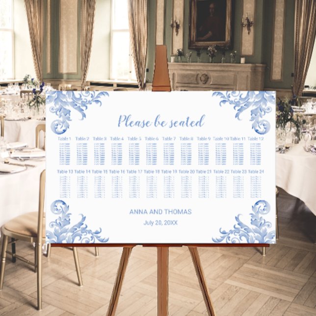 Soft Royal Blue Watercolour Flourish Seating Chart (Soft royal blue flourish seating chart.)
