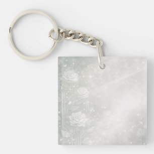 Soft sage and frosted white florals AI art Keychain