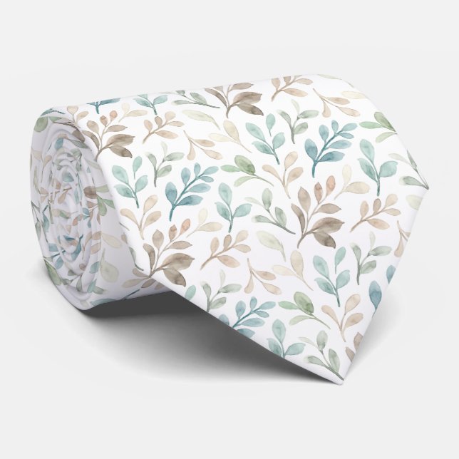 Soft Sage and Ochre Watercolor Leaves Pattern  Tie (Rolled)