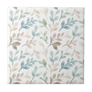 Soft Sage and Ochre Watercolor Leaves Pattern  Tile