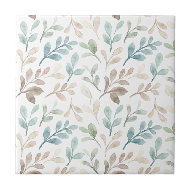 Soft Sage and Ochre Watercolor Leaves Pattern  Tile (Front)