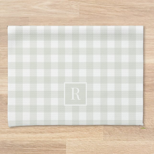 Soft Sage Buffalo Check Custom Initial Kitchen Towel (Creator Uploaded)