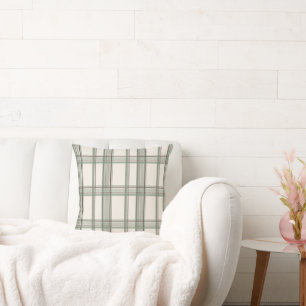 Soft Sage Cream Plaid Aesthetic Throw Pillow