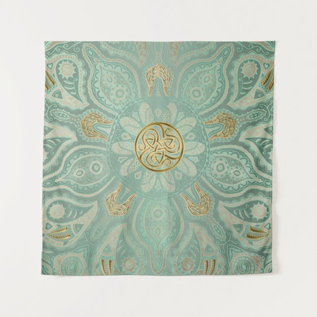Soft Sage Green and Gold Celtic Mandala Tapestry (Front)