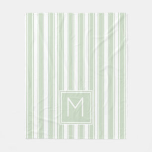 Soft Sage Green and White Ticking Stripe Monogram Fleece Blanket