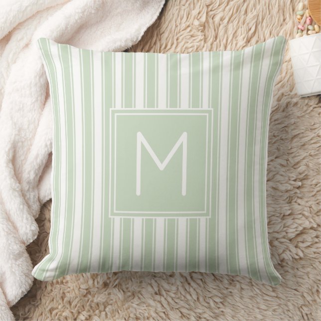 Soft Sage Green and White Ticking Stripe Monogram Throw Pillow (Blanket)
