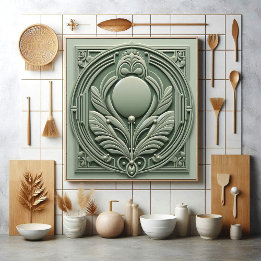 Soft Sage Green Art Deco Symmetric Botanical Motif Tile