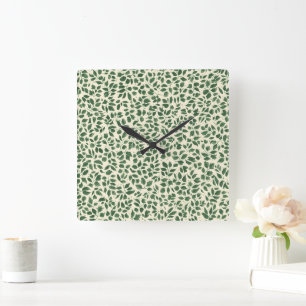 Soft Sage Green Botanical Leaf Foliage Pattern Square Wall Clock