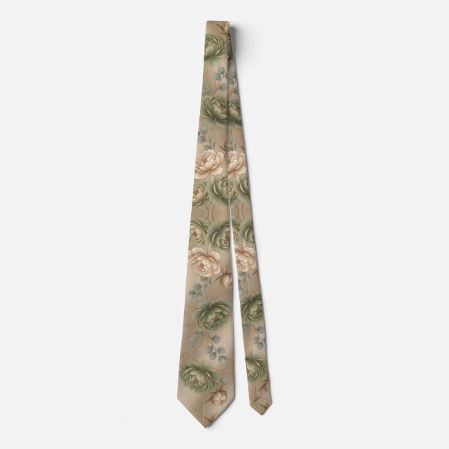 Soft Sage Green & Cream Rose Tie (Front)