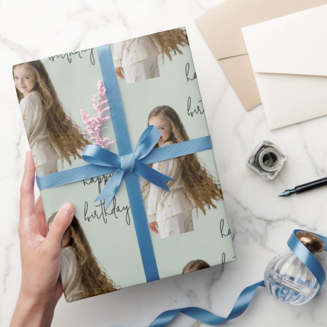 Soft Sage Green & Custom Birthday text and photo - Wrapping Paper (Gifting)