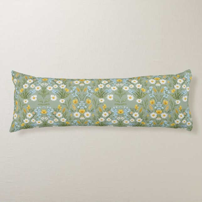 Soft Sage Green Daisy Meadow Floral Pattern Body Pillow (Front)