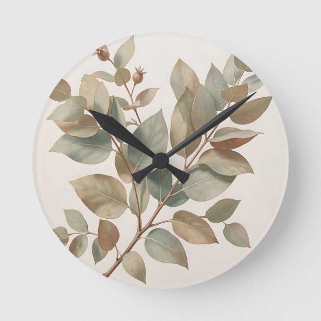 Soft Sage Green Eucalyptus Leaves Botanical Round Clock (Front)