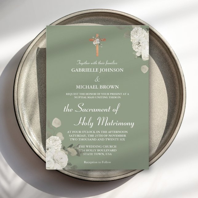 Soft Sage Green Floral Catholic Nuptial Mass Invitation (Creator Uploaded)