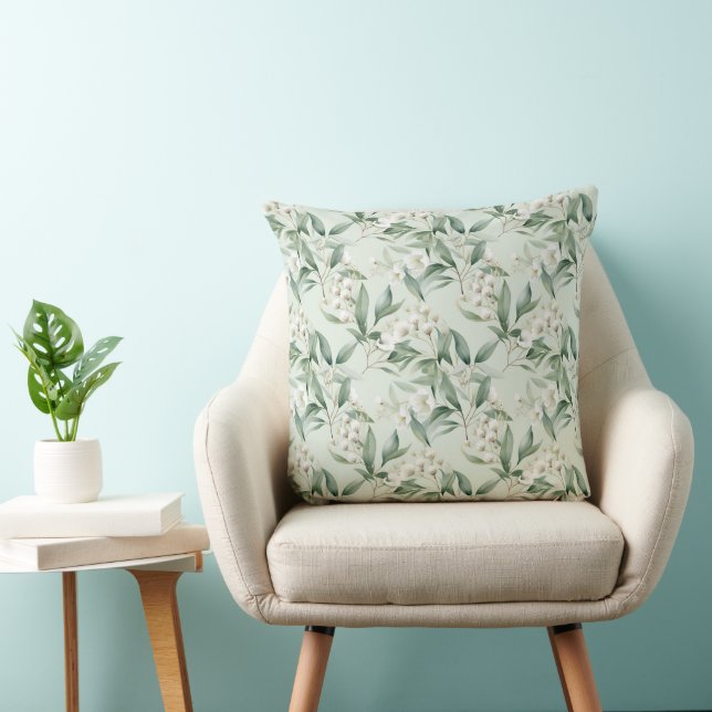 Soft Sage Green Floral Eucalyptus Throw Pillow (Chair)