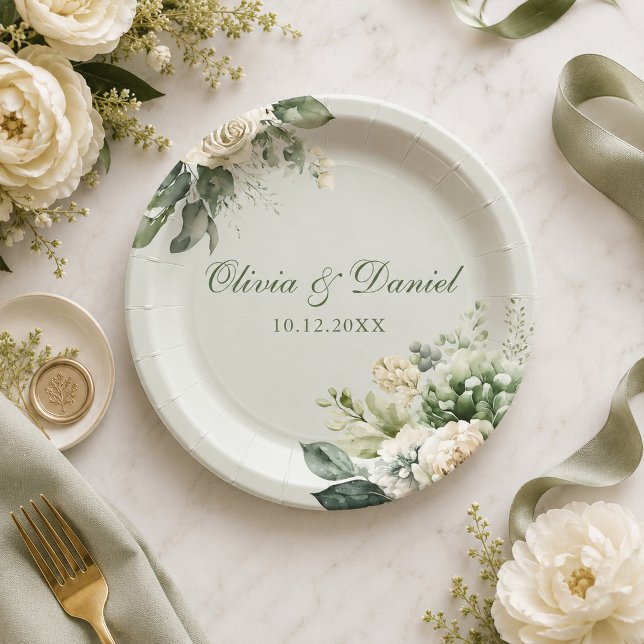 Soft Sage Green Floral Paper Plate (Soft Sage Green Floral Paper Plate)