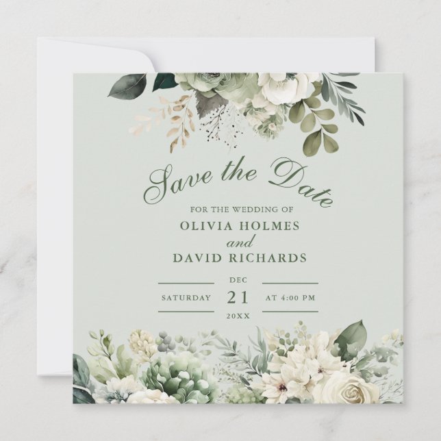 Soft Sage Green Floral Save The Date Card (Devant)