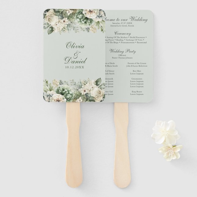 Soft Sage Green Floral Wedding Program Hand Fan (Front and Back)