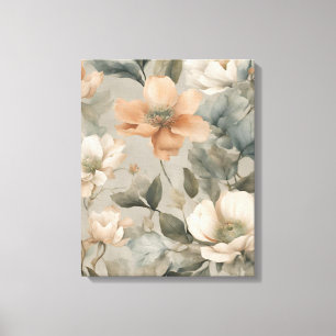 Soft Sage Green Pale Orange Cottage Floral Print