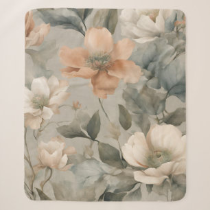 Soft Sage Green Pale Orange Cottage Floral Print Sherpa Blanket