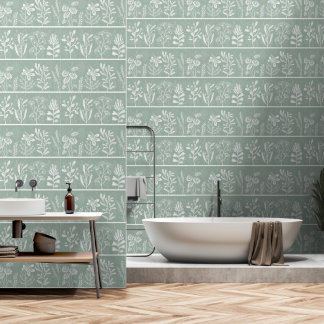 Soft Sage Green Whimsical Botanical Silhouette Art Wallpaper
