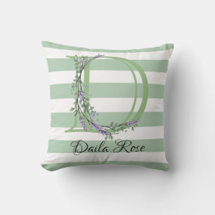 Soft sage green white strips letter D Outdoor Pillow