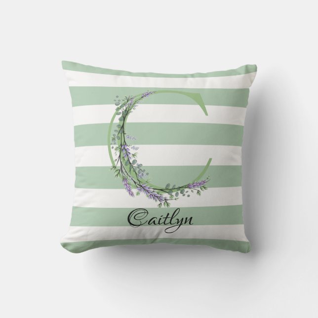Soft sage green white strips monogram botanical outdoor pillow (Front)