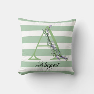 Soft sage green white strips monogram throw pillow