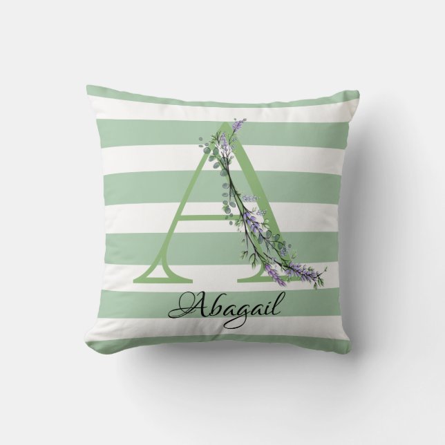 Soft sage green white strips monogram throw pillow (Front)
