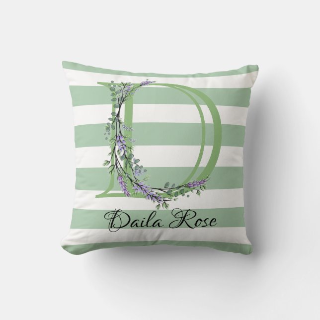 Soft sage green white strips monogram throw pillow (Front)