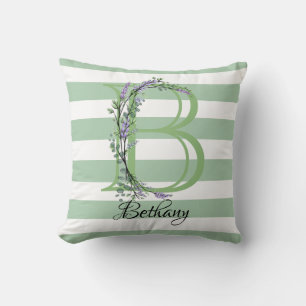 Soft sage green white strips monogram throw pillow