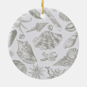 Soft Sage Grey Seashell Sketch Antique Nature Ceramic Ornament