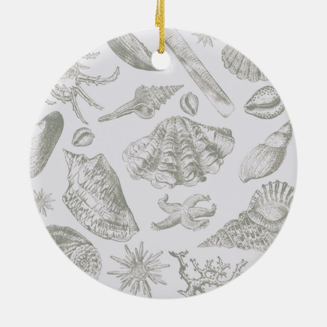 Soft Sage Grey Seashell Sketch Antique Nature Ceramic Ornament (Back)
