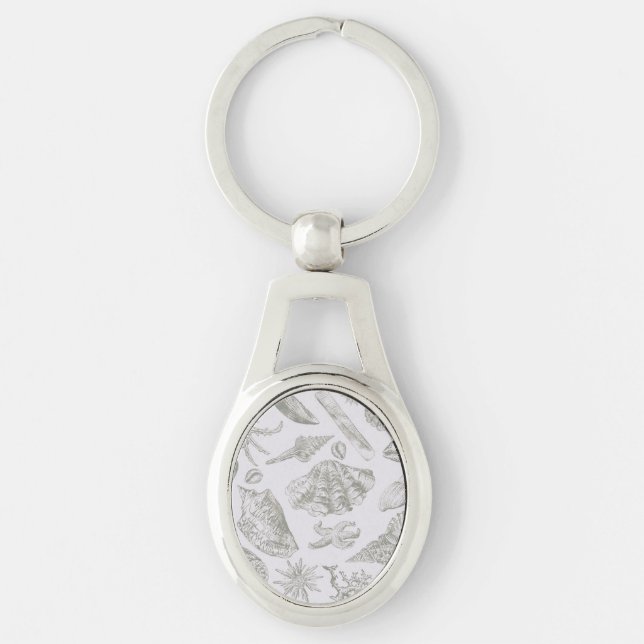 Soft Sage Grey Seashell Sketch Antique Nature Keychain (Front)