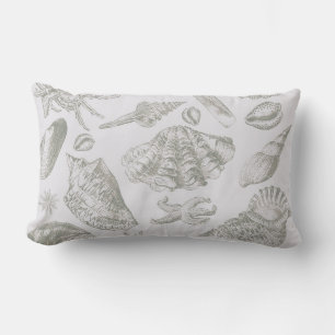 Soft Sage Grey Seashell Sketch Antique Nature Lumbar Pillow