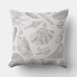 Soft Sage Grey Seashell Sketch Antique Nature Outdoor Pillow
