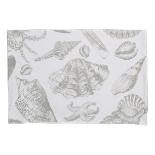 Soft Sage Grey Seashell Sketch Antique Nature Pillowcase