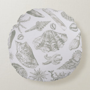 Soft Sage Grey Seashell Sketch Antique Nature Round Pillow