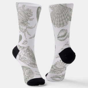Soft Sage Grey Seashell Sketch Antique Nature Socks