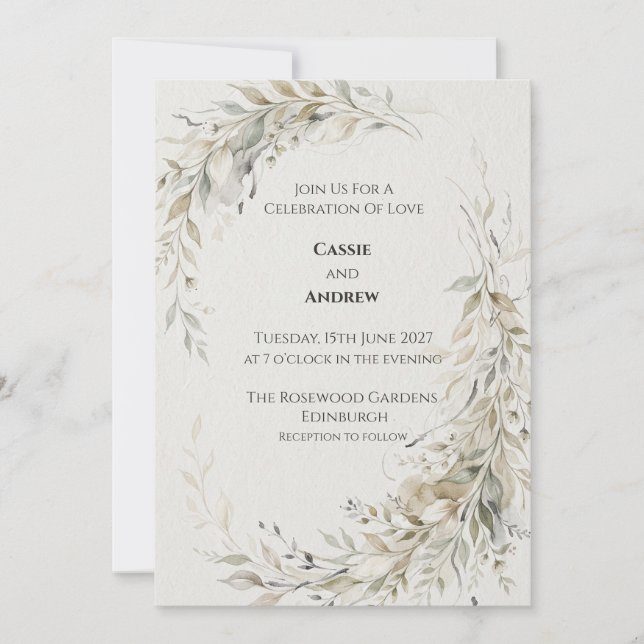 Soft Sage Ivory Leaf Wreath Wedding Invitation (Front)