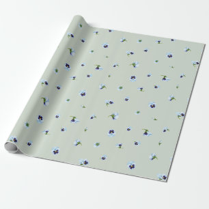 Soft Sage Japanese Blue Purple Pansy Floral Patter Wrapping Paper